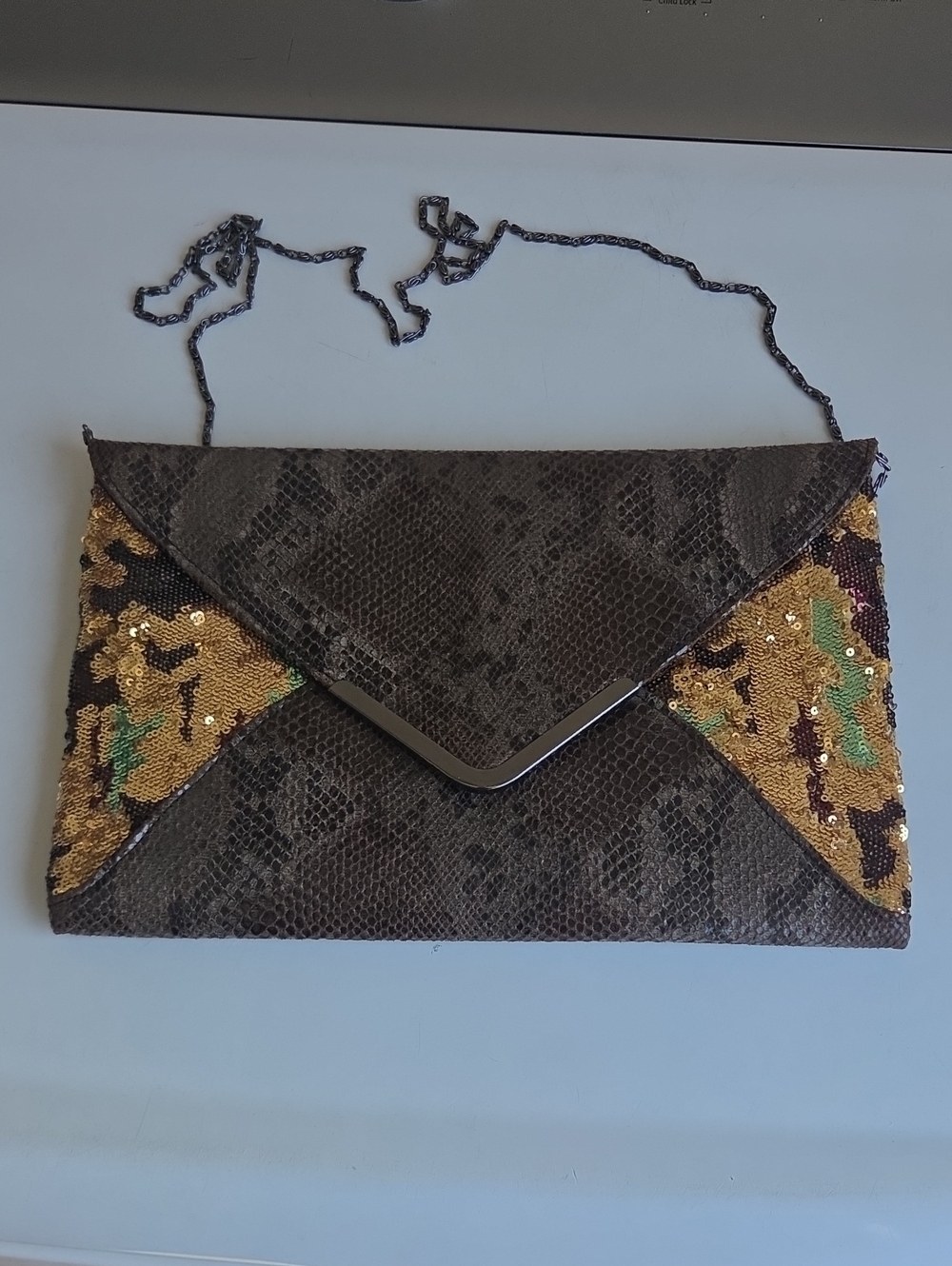 Big Buddha Bag Vegan Envelope Clutch Snake Sequin Brown Gold Chain Strap Bag